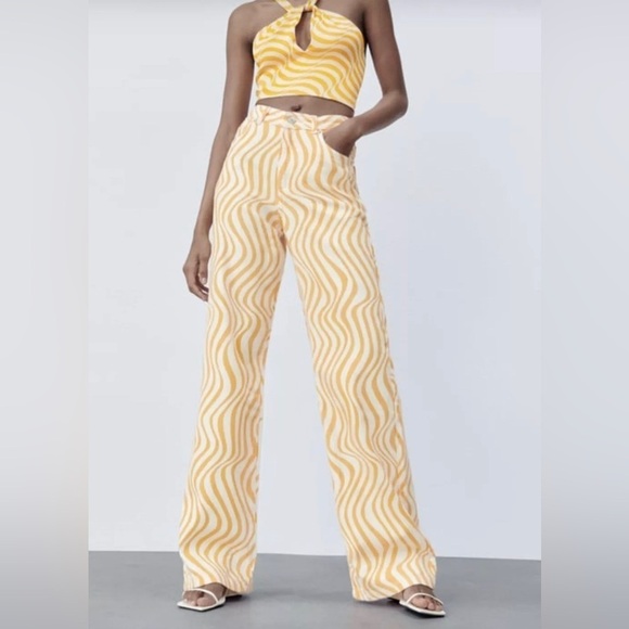 Zara Women's‎ High Rise Wide Leg Jeans Orange Sorbet Swirl Print Sz 10  NWOT - Picture 1 of 7
